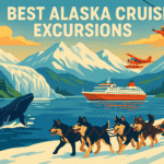 Best Alaska Cruise Excursions. A picture of a happy man dogsledding along the shore as a whale jumps from the water. A cruise ship sails along the river in the background.