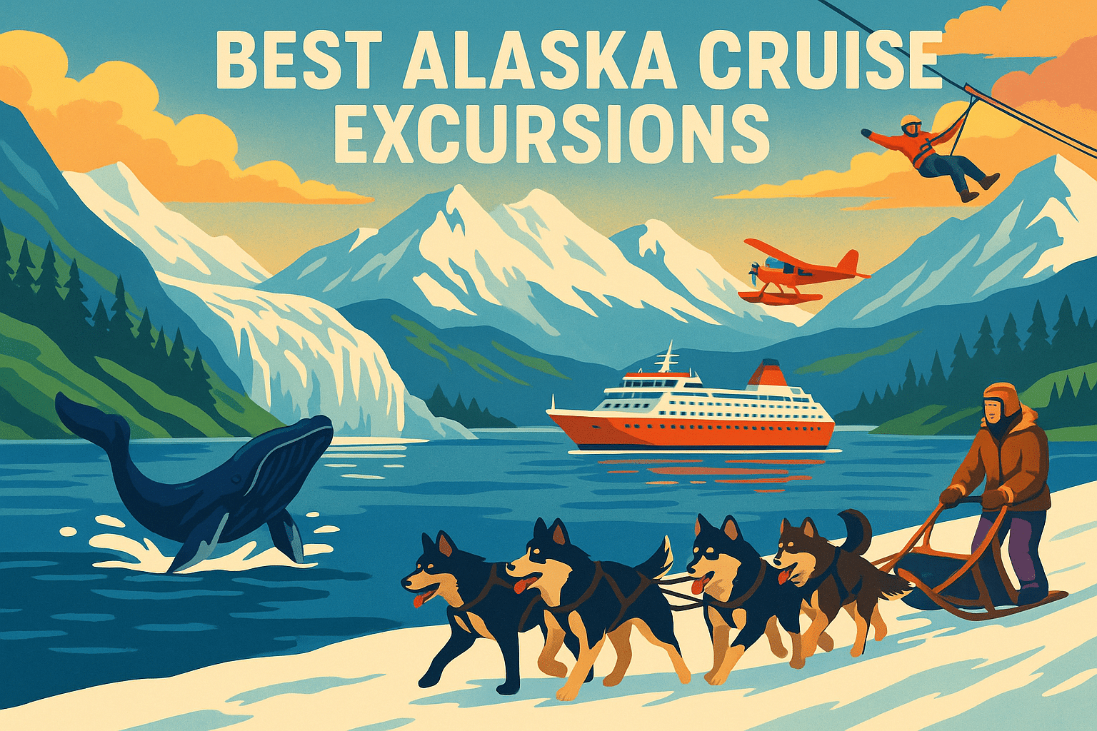 Best Alaska Cruise Excursions. A picture of a happy man dogsledding along the shore as a whale jumps from the water. A cruise ship sails along the river in the background.