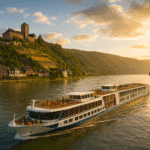Danube vs Rhine River Cruise image showing a river cruise ship sailing along the Rhine river withe beautiful Danube vs Rhine River Cruise comparisons.