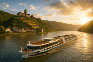 Danube vs Rhine River Cruise image showing a river cruise ship sailing along the Rhine river withe beautiful Danube vs Rhine River Cruise comparisons.