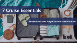 Cruise essentials laid out on a bed with travel gear, packing accessories, and must have items for a cruise vacation