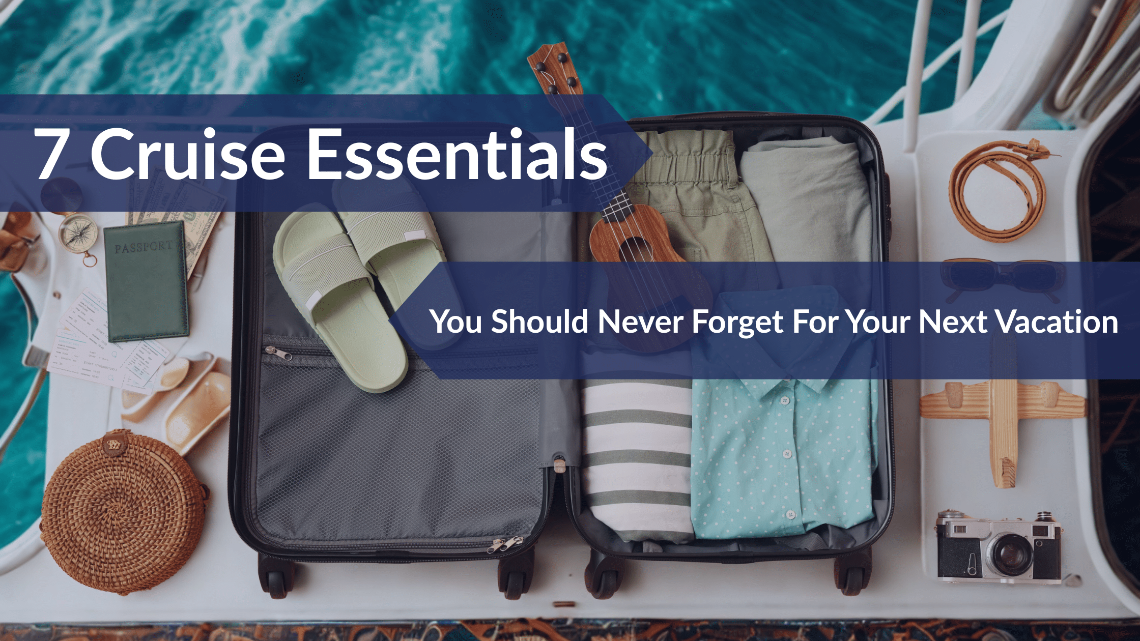 Cruise essentials laid out on a bed with travel gear, packing accessories, and must have items for a cruise vacation