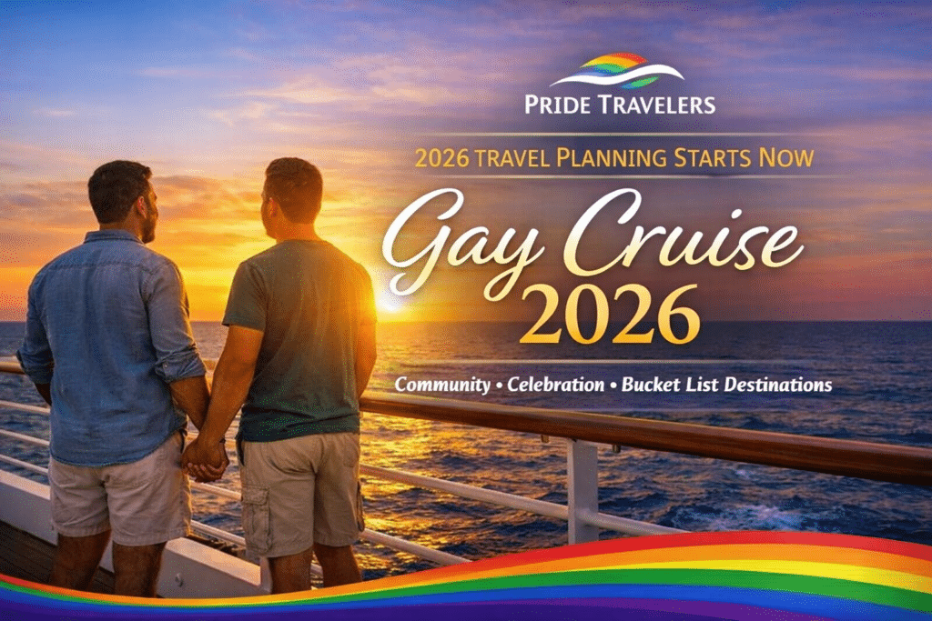 Gay couple holding hands on cruise ship deck at sunset during a gay cruise 2026 vacation