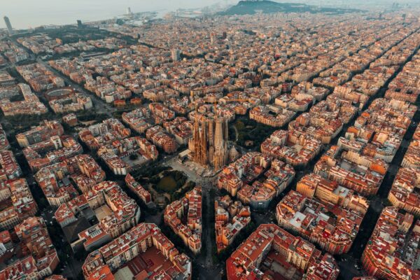 Aerial view of Barcelona with Sagrada Familia - one of the top gay Barcelona LGBTQ+ travel destinations