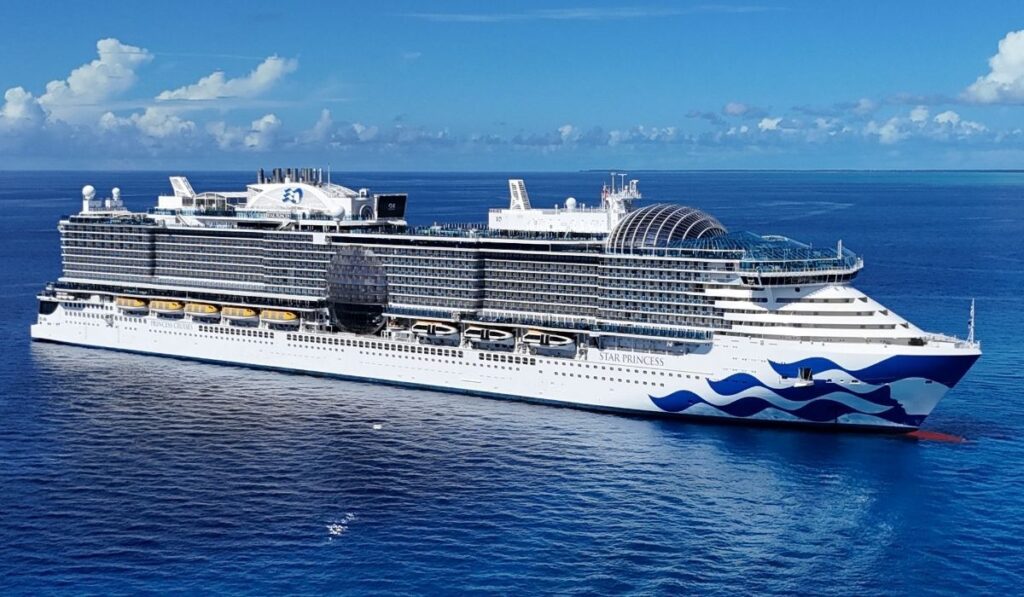 Star Princess cruise ship full exterior profile at sea, showing the Sphere Class Dome, on a Princess Cruises Alaska sailing